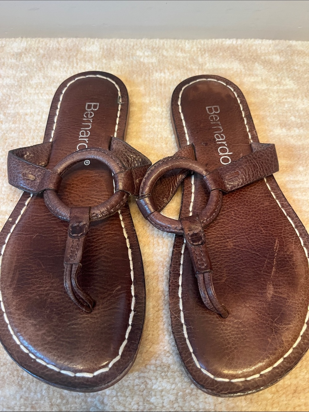 Bernardo Brown Leather Ring-Front Toe Loop Slides